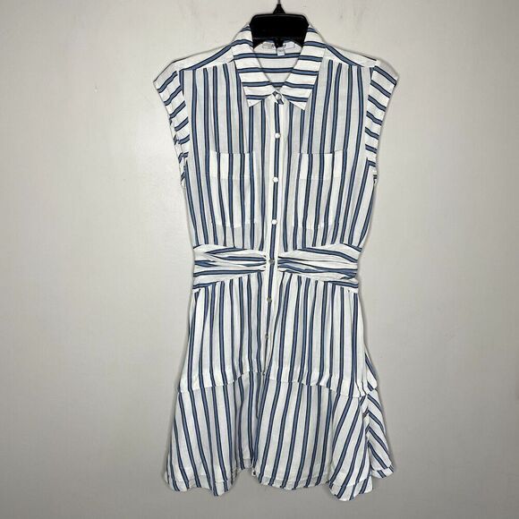 DEREK LAM 10 Crosby Dress Womens 6 Blue Striped Shirtdress Snap Front Cap Sleeve - Picture 2 of 16